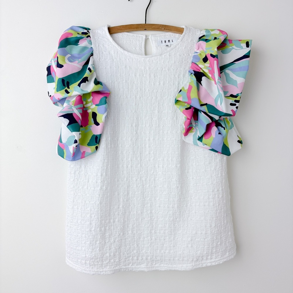 THML Make You Happy White Ruffled Blouse XS Whimsical Colorful Artsy Abstract,